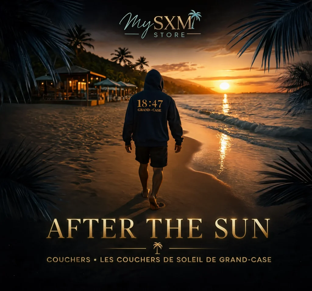Vignette collection After the Sun My SXM : hoodie au coucher de soleil sur la plage de Grand-Case, Saint-Martin