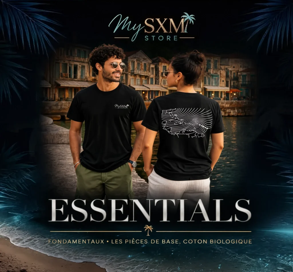 Vignette collection Essentials My SXM : t-shirts coton bio devant les façades de Marigot, Saint-Martin