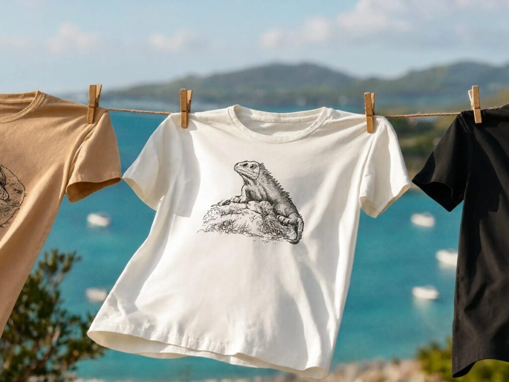 Trois tee-shirts My SXM séchant sur une corde face au lagon — Saint-Martin