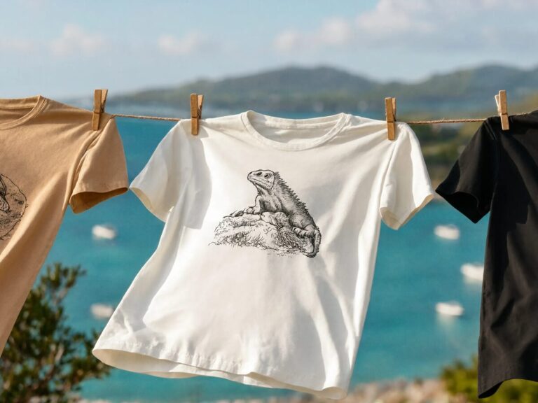 Trois tee-shirts My SXM séchant sur une corde face au lagon — Saint-Martin