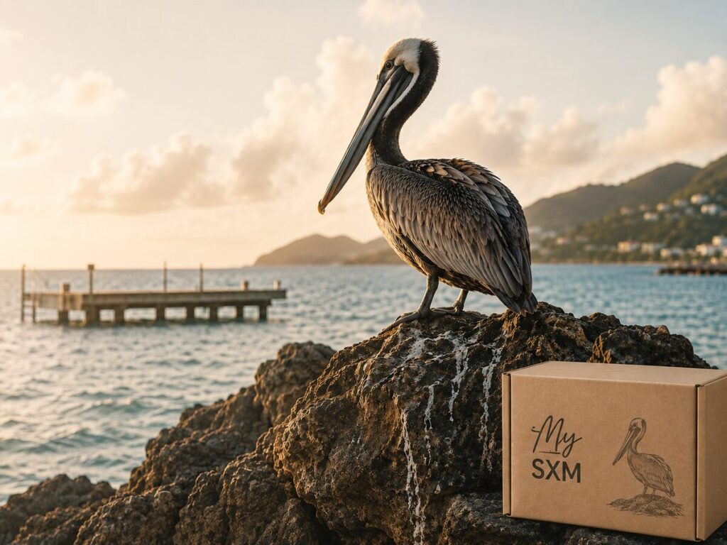 Un pélican brun posé sur les rochers à côté d'un carton d'expédition My SXM