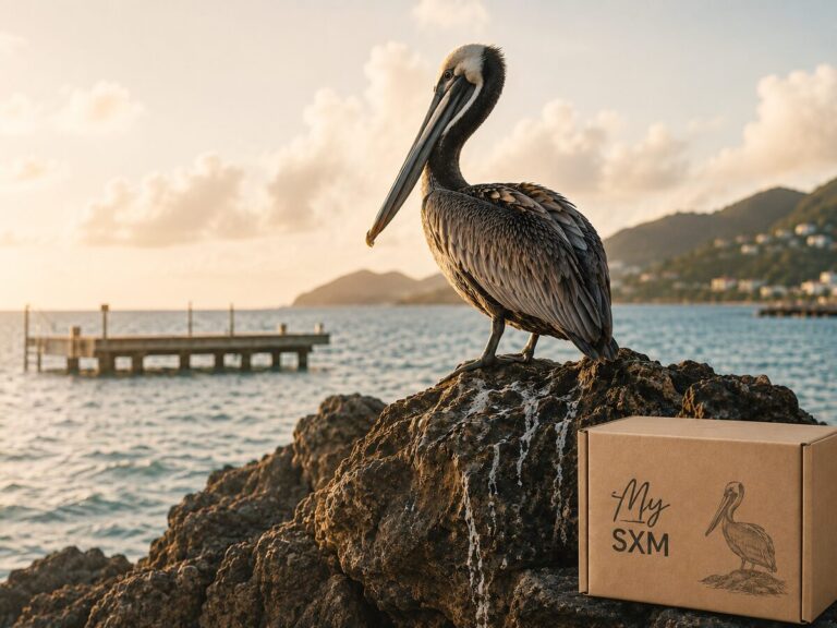 Un pélican brun posé sur les rochers à côté d'un carton d'expédition My SXM
